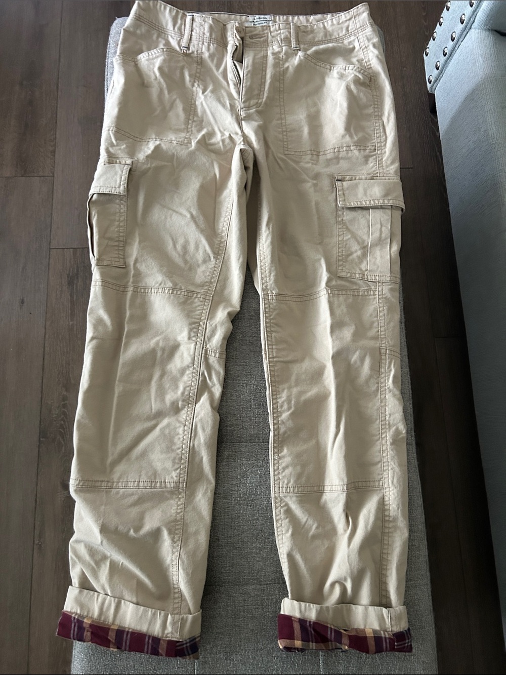 LL Bean Flannel-Lined Tan Cargo Pants with Plaid Cuff - Women’s